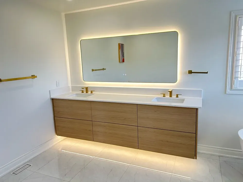 Modern bathroom renovation with walk-in shower — Y2 Design & Build